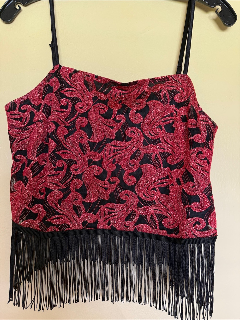 Moon River Red and Black Fringe Cami Top